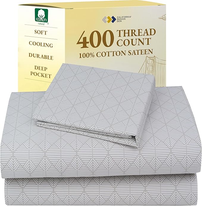 California Design Den Printed Twin XL Sheet Sets - 400 Thread Count, Natural 100% Cotton Sateen, Deep Pocket Extra Long Twin Sheets Set, and Durable Bedding Set - Taupish-Sage Crosshatch