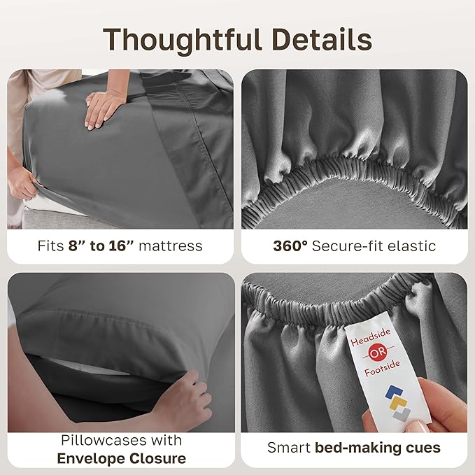 California Design Den 6-Pc King Size Sheet Set with 4 Pillowcases - Soft 400 Thread Count 100% Cotton Sheets, Sateen Weave, Deep Pocket Bedsheets Set - Grey