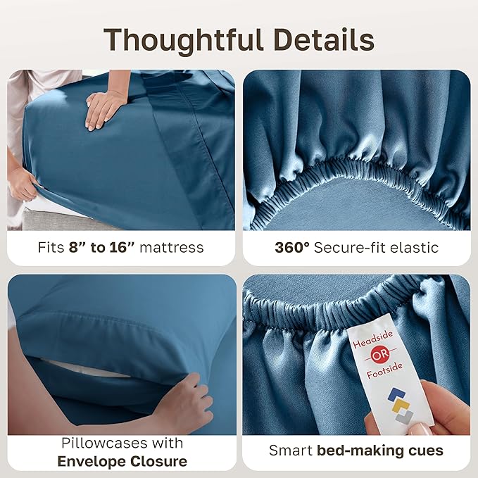 California Design Den 6-Pc Queen Size Sheet Set with 4 Pillowcases - 400 Thread Count 100% Cotton Sheets, Sateen Weave, Deep Pocket Bedsheets Set - Peacock Blue