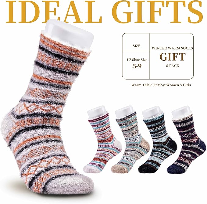 SISOSOCK 5 Pairs Fuzzy Soft Cozy Fluffy Socks for Women, Casual Thick Plush Comfy Sleep Socks, Warm Winter Gifts for Women