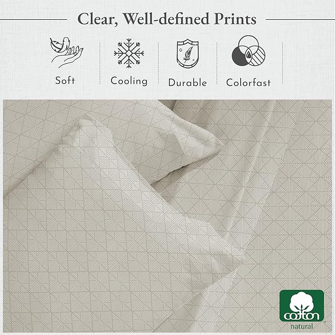 California Design Den Printed King Size Sheets Set - 400 Thread Count, Soft Sateen, Natural 100% Cotton Sheets, Deep Pockets, and Durable Bedding Set - Taupish-Sage Crosshatch