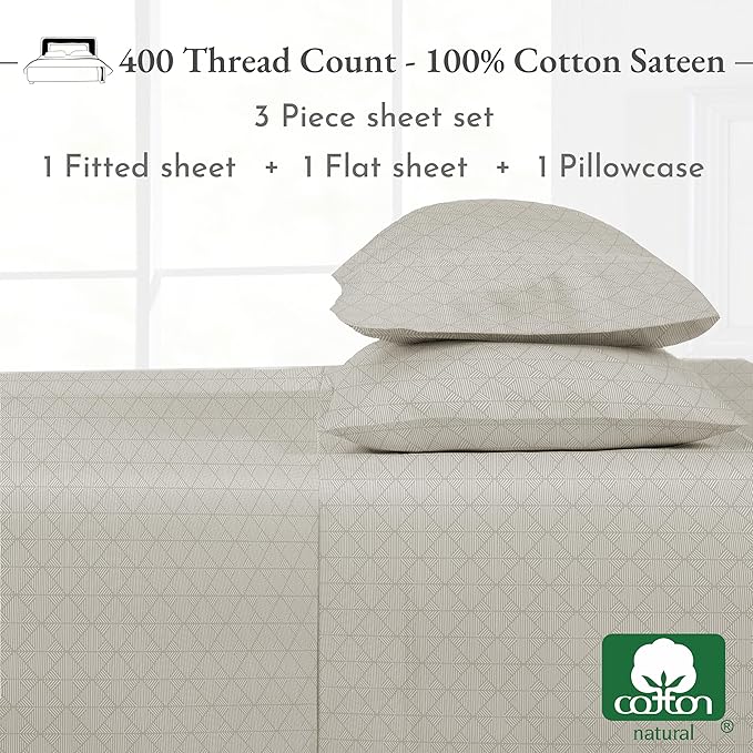 California Design Den Printed Twin XL Sheet Sets - 400 Thread Count, Natural 100% Cotton Sateen, Deep Pocket Extra Long Twin Sheets Set, and Durable Bedding Set - Taupish-Sage Crosshatch