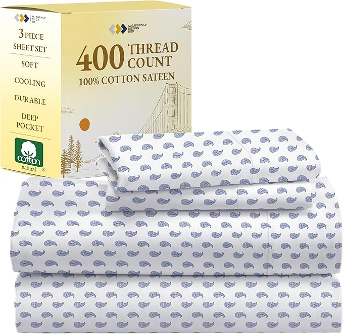 California Design Den Deep Pocket Twin Sheets Set - 400 Thread Count Sateen, Natural 100% Cotton Sheets, and Durable Bedding Set - Paisley Blue