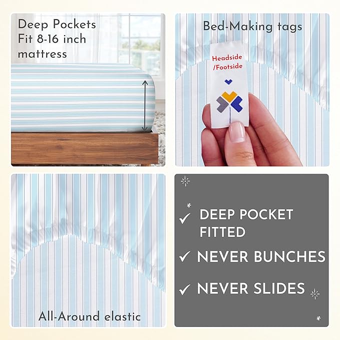 California Design Den Striped King Size Sheets Set - 400 Thread Count, Soft Sateen, Natural 100% Cotton Sheets, Deep Pockets, and Durable Bedding Set - Cape Stripe