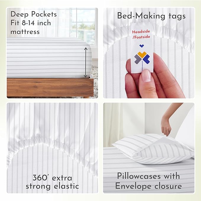 California Design Den King Bed Sheets Stripe Set, 100% Cotton Deep Pocket King Sheets & Pillowcase Set, Soft Sateen Weave - Classic Stripe