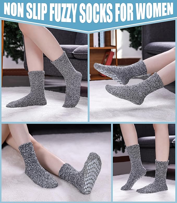 Yebing Non Slip Hospital Socks for Women with Grips Fuzzy Cozy Anti Skid Slipper Socks Winter Warm Soft Fluffy Sleep Socks