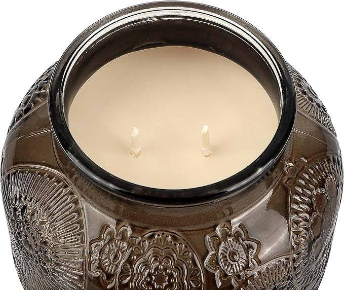 Timber & Patchouli Embossed Candle Jar (18 oz) - Refreshing Aroma of Bergamot, Mandarin Orange, and Patchouli - Large Dual Wick Glass Jar Candle