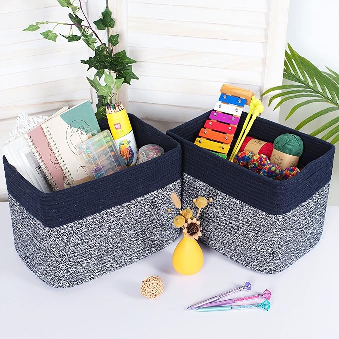MINTWOOD Design Storage Basket for Shelves, Decorative Baskets for Organizing, Book Basket, Storage Cube Bin Box, Woven Closet Organizer, Pantry Closet and Shoe Basket, Navy Blue