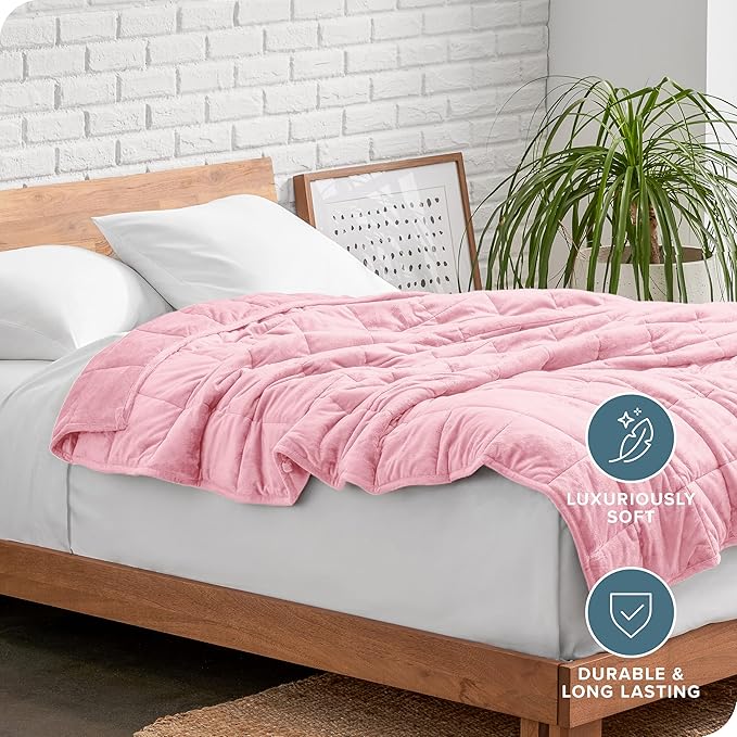 Bare Home Weighted Blanket Twin or Full Size 12lb (48"x72") for Adults - Minky Fleece - Premium Heavy Blanket Nontoxic Glass Beads (Light Pink, 48"x72")