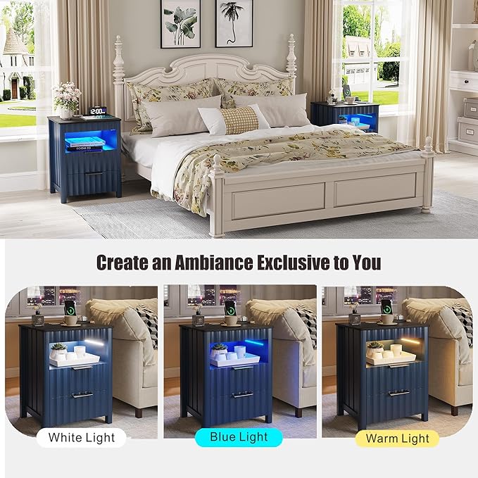 Fluted Night Stand Set 2 with Gun Drawer, Natural Grain Nightstands with Charging Station and Human Sensor, Modern Bedside Table with LED Light and Storage Shelf for Bedroom/Living Room, Blue