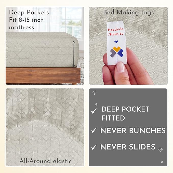 California Design Den Printed Twin XL Sheet Sets - 400 Thread Count, Natural 100% Cotton Sateen, Deep Pocket Extra Long Twin Sheets Set, and Durable Bedding Set - Taupish-Sage Crosshatch