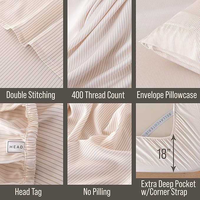 Bella Coterie Luxury Bamboo Viscose Queen Size Sheet Set | 100% Organically Grown | Ultra Soft | Cooling for Hot Sleepers | 18" Deep Pocket [Striped Dune]