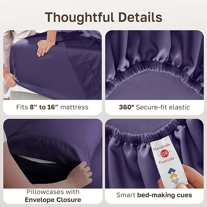 California Design Den 6-Pc King Size Sheet Set with 4 Pillowcases - Soft 400 Thread Count 100% Cotton Sheets, Sateen Weave, Deep Pocket Bedsheets Set - Dark Purple