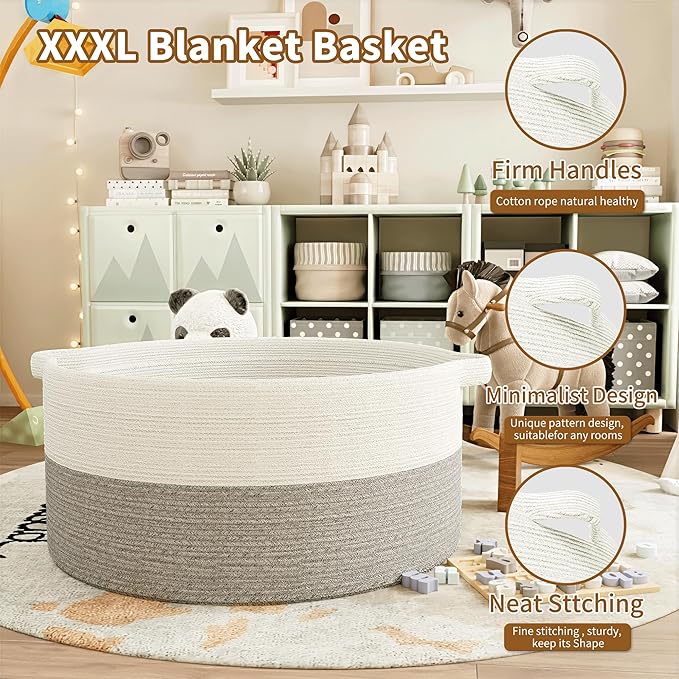 125L Extra Large Blanket Basket, 25" x 16", Jumbo Laundry Woven Baskets Decorative Home, Cotton Rope Basket with Handles, Baby Toy Baskets for Storage, White & Gray