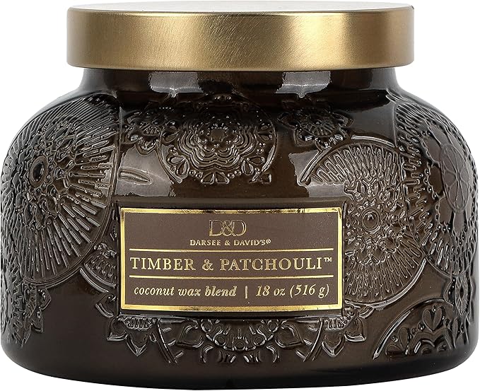 Timber & Patchouli Embossed Candle Jar (18 oz) - Refreshing Aroma of Bergamot, Mandarin Orange, and Patchouli - Large Dual Wick Glass Jar Candle