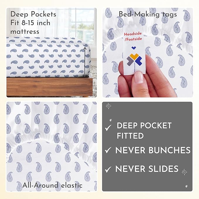 California Design Den Deep Pocket Twin Sheets Set - 400 Thread Count Sateen, Natural 100% Cotton Sheets, and Durable Bedding Set - Paisley Blue