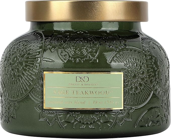 Sage Teakwood Embossed Candle Jar (18 oz) - Refreshing Aroma of Warm sage and Aged Wood - Large Dual Wick Glass Jar Candle for Relaxing - Sage Teakwood Essence Candle Gift for Women