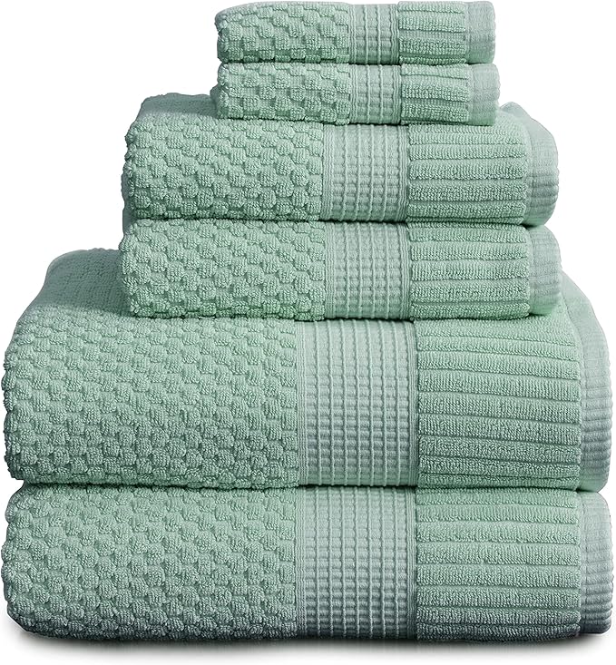 NY Loft 100% Cotton Towel Set 6 Piece | Super Soft & Absorbent Quick-Dry 2 Bath Towels 2 Hand Towels & 2 Washcloths |Textured and Durable Cotton | Trinity Collection (6 Piece Set, Wasabi Green)