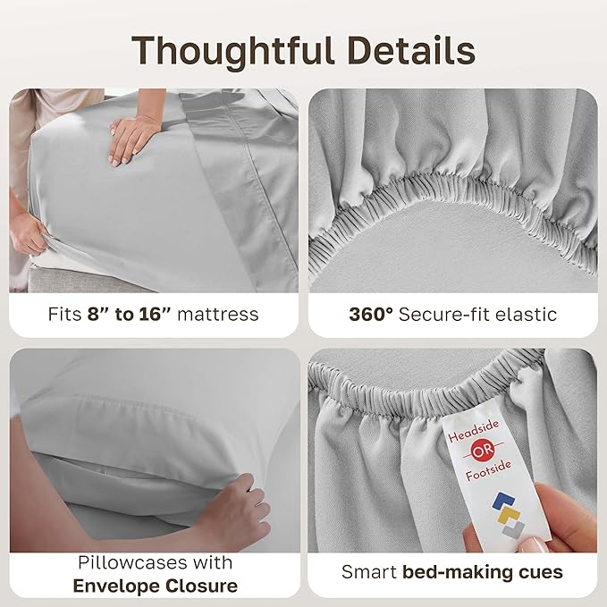 California Design Den 6-Pc King Size Sheet Set with 4 Pillowcases - Soft 400 Thread Count 100% Cotton Sheets, Sateen Weave, Deep Pocket Bedsheets Set - Light Grey