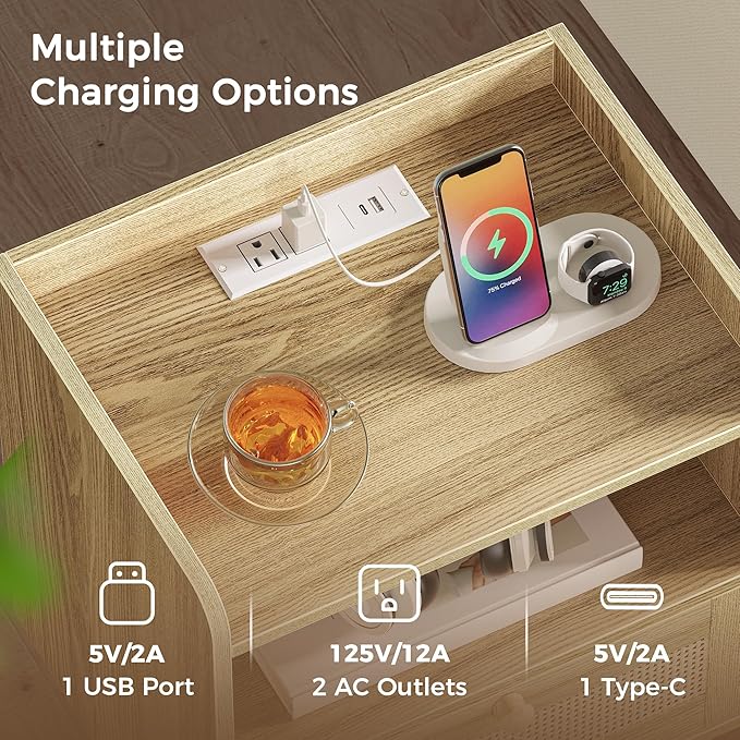 SUPERJARE Nightstands Set of 2, Night Stands with Charging Station & PE Rattan Decor Drawer, Bed Side Tables with Solid Wood Feet, End Table, for Bedroom, Living Room - Natural