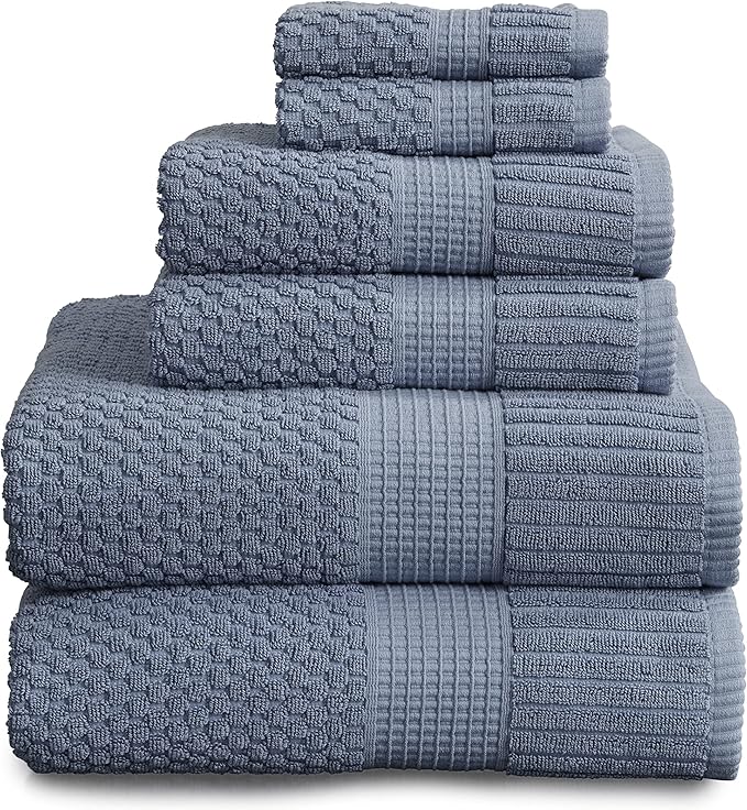NY Loft 100% Cotton 6 Piece Bath Towel Set | Blue Towels | Oeko-TEX® Standard 100 | Soft & Absorbent, Quick-Dry | 2 Bath Towels 2 Hand Towels and 2 Washcloths | Trinity Collection - Flint Stone