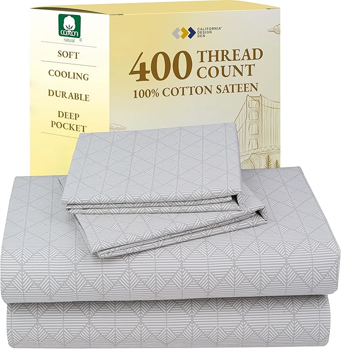 California Design Den Printed King Size Sheets Set - 400 Thread Count, Soft Sateen, Natural 100% Cotton Sheets, Deep Pockets, and Durable Bedding Set - Taupish-Sage Crosshatch