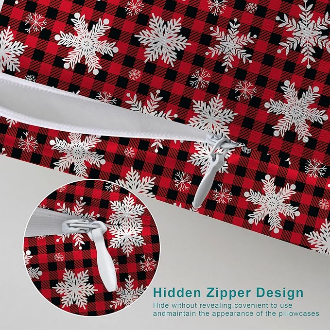 1 Pack Christmas Snowflakes Satin Pillowcase Red Christmas Plaid Similar to Silk Pillow Cases for Hair and Skin, Soft Smooth Breathable Cool Pillow Cases, with Hidden Zipper Queen Size 20" x 30"